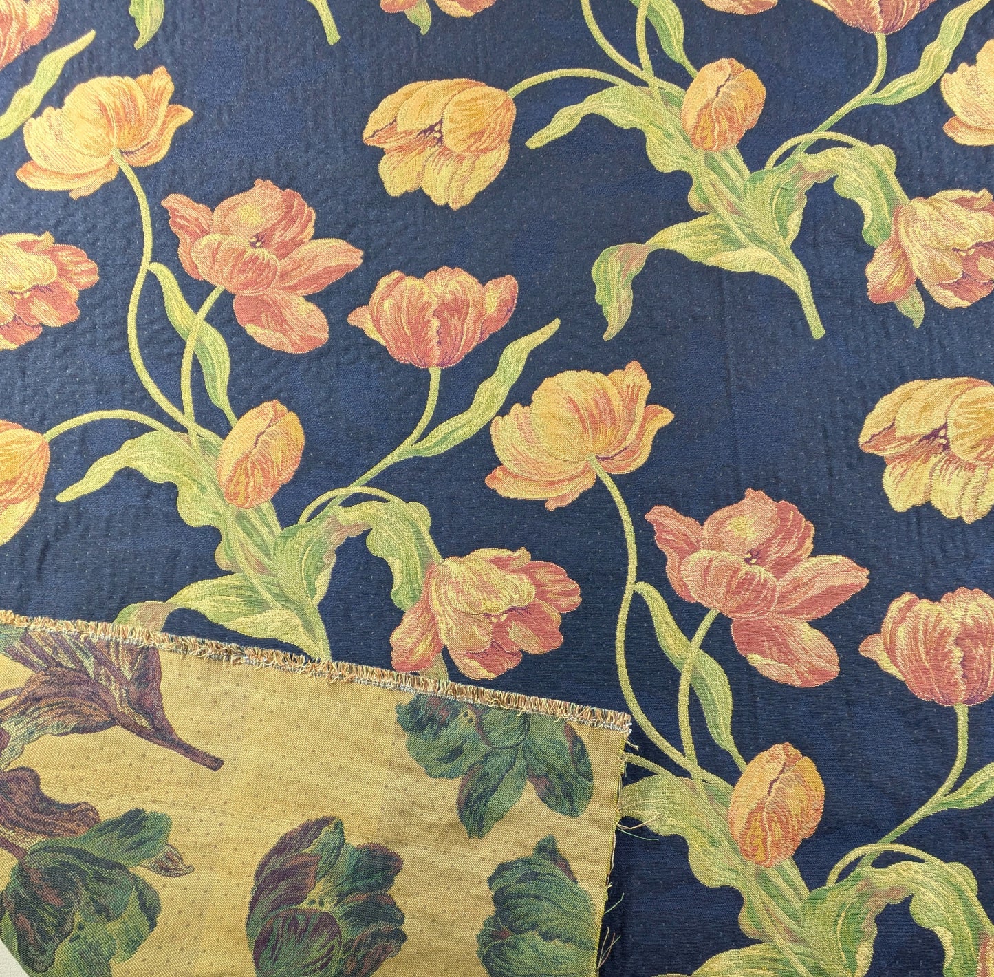 Navy Blue, Tulip design, upholstery fabric -REDUCED
