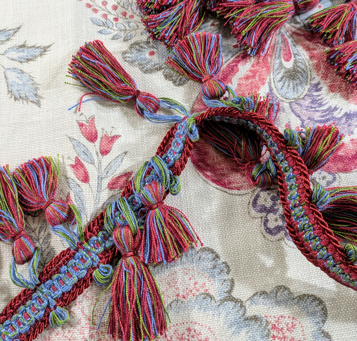 Discontinued Blue, Dark Red & Green Tassel Trim - REDUCED