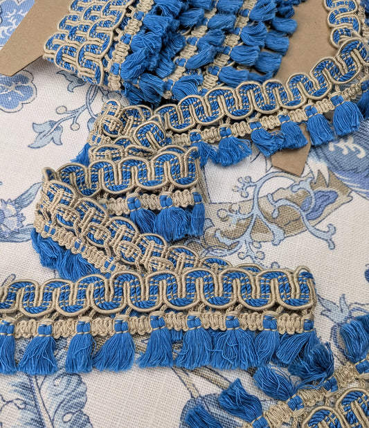 Turquoise Tassel Trim with Ornate Scroll Border