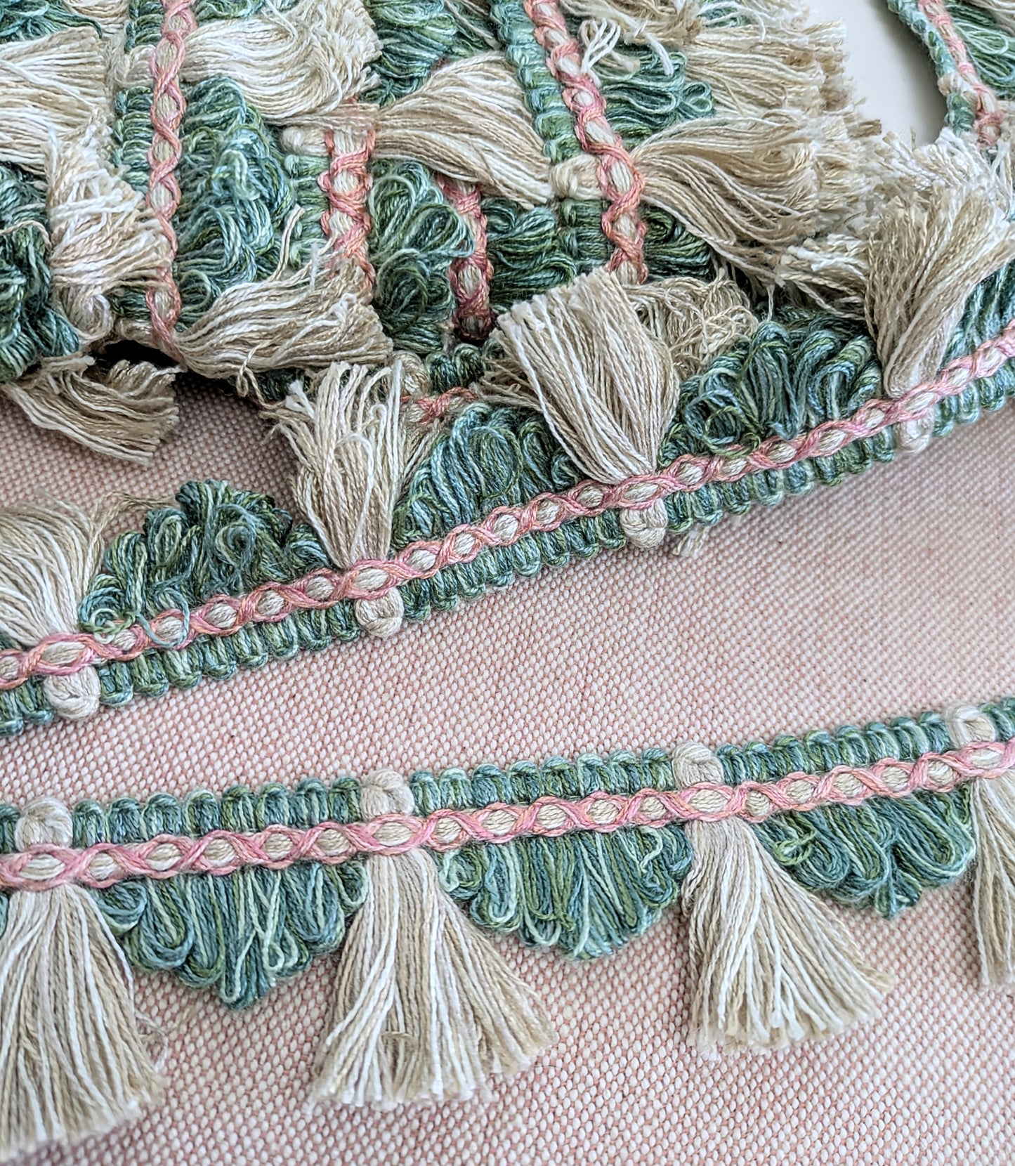Green, Pink & Oyster Fan Edge Tassel Trimming for Cushions & Sewing Projects