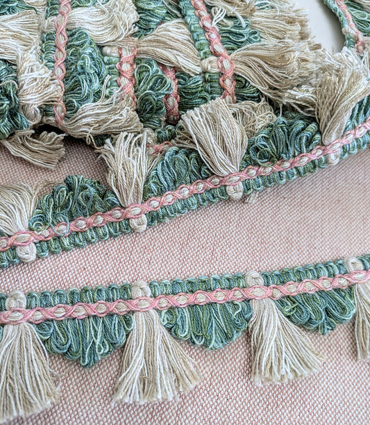 Green, Pink & Oyster Fan Edge Tassel Trimming for Cushions & Sewing Projects