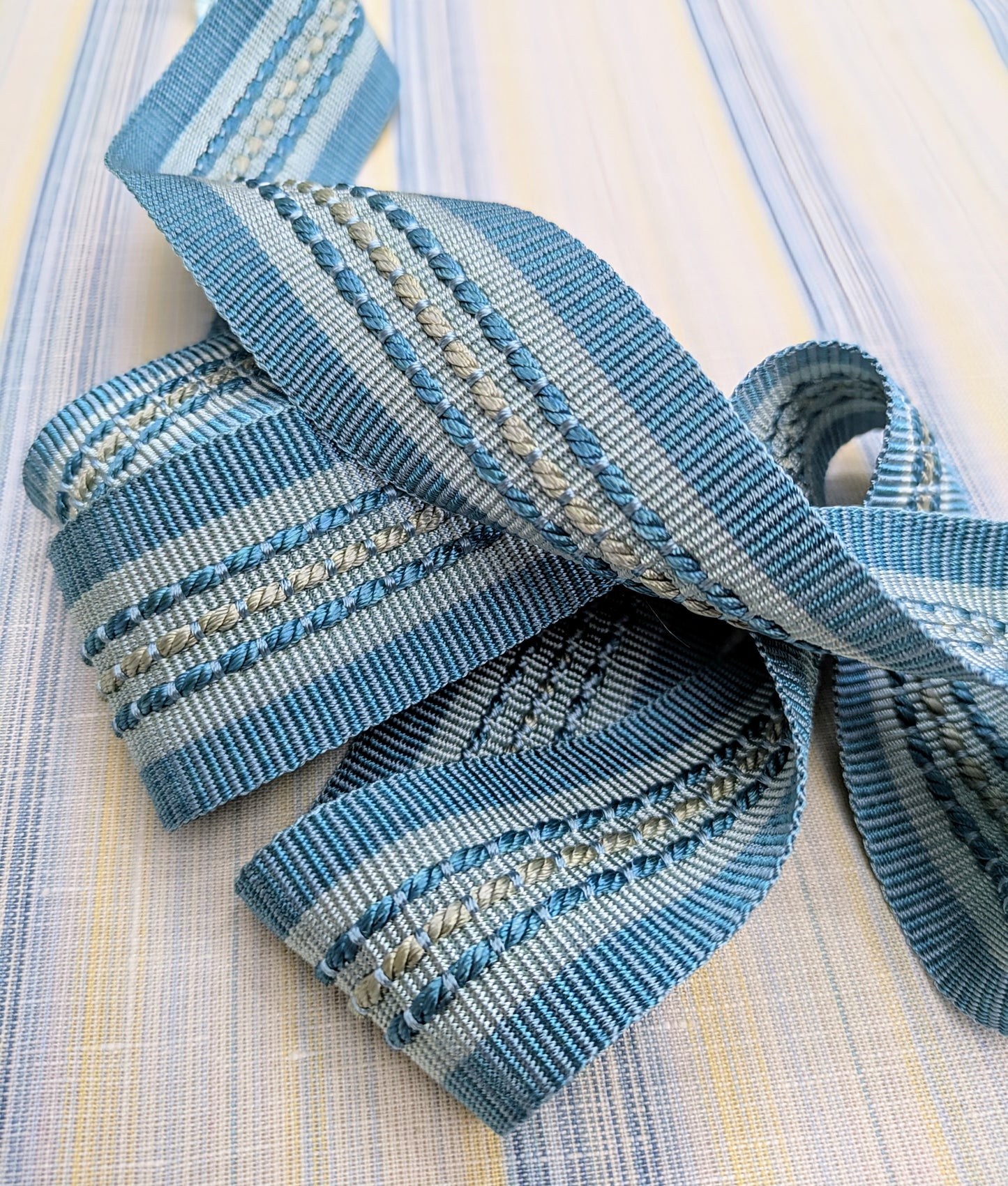 Aqua Stripe Embroidered Trimming for Cushions, Upholstery & Soft Furnishings