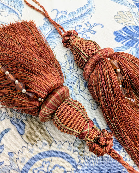 Dark Terracotta Ottoman, Beaded, Tassels / Key Tassel / Decorative Tassel