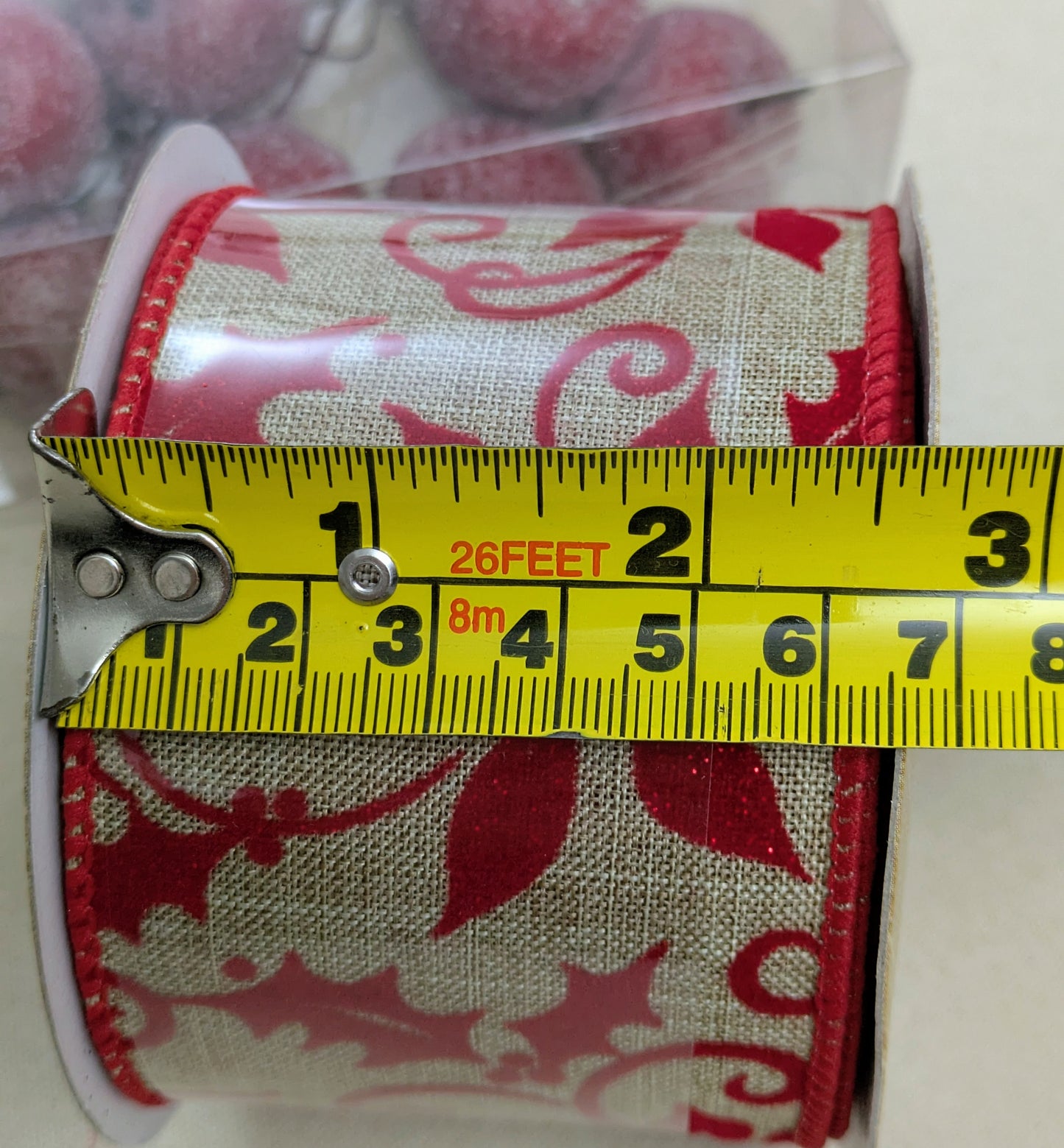 Red Holly & Mistletoe Wired Christmas Ribbon - 10m Roll