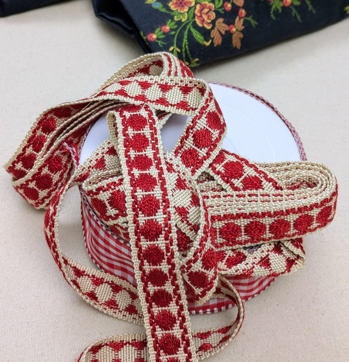 French Red Spotty Ribbon, Trimming for Soft Furnishings & Upholstery