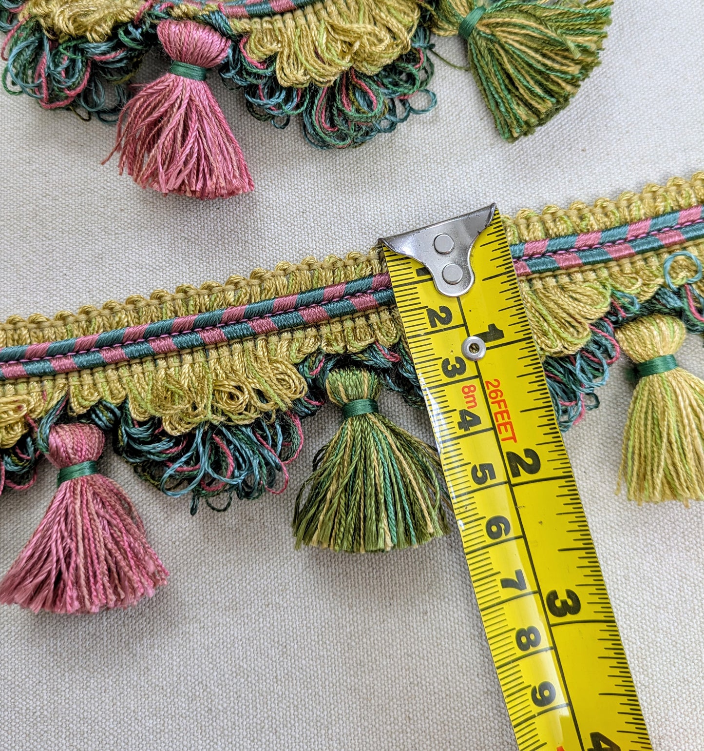 Pink, Green & Gold Fan Edge, Tassel Trimming for Cushions & Furnishings