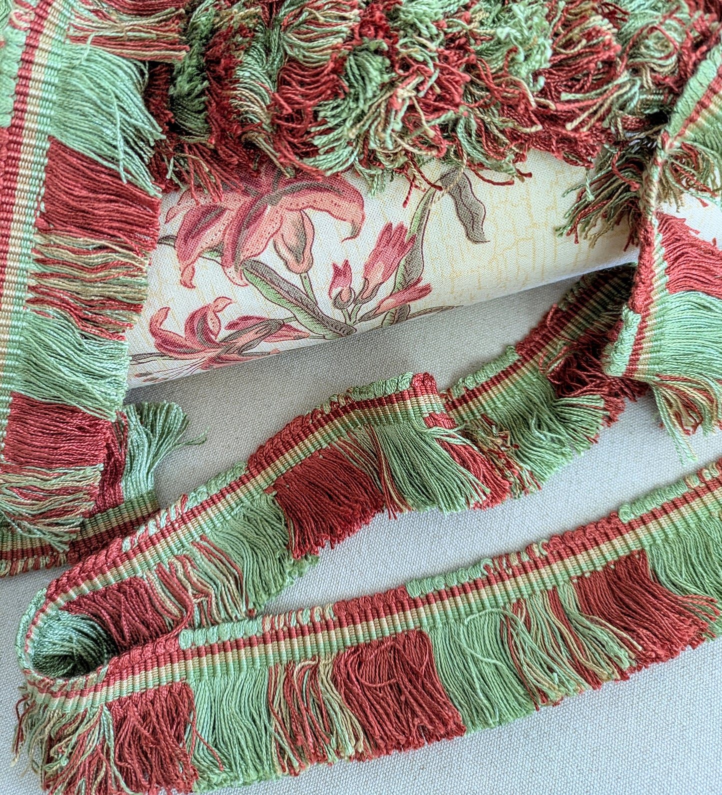 Terracotta & Green Fringe Trimming for Cushions, Upholstery & Soft Furnishings