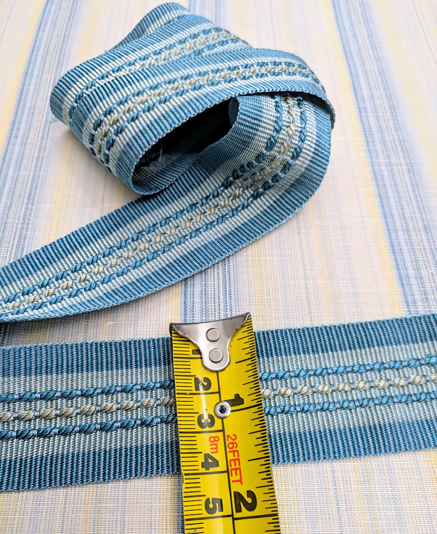 Aqua Stripe Embroidered Trimming for Cushions, Upholstery & Soft Furnishings