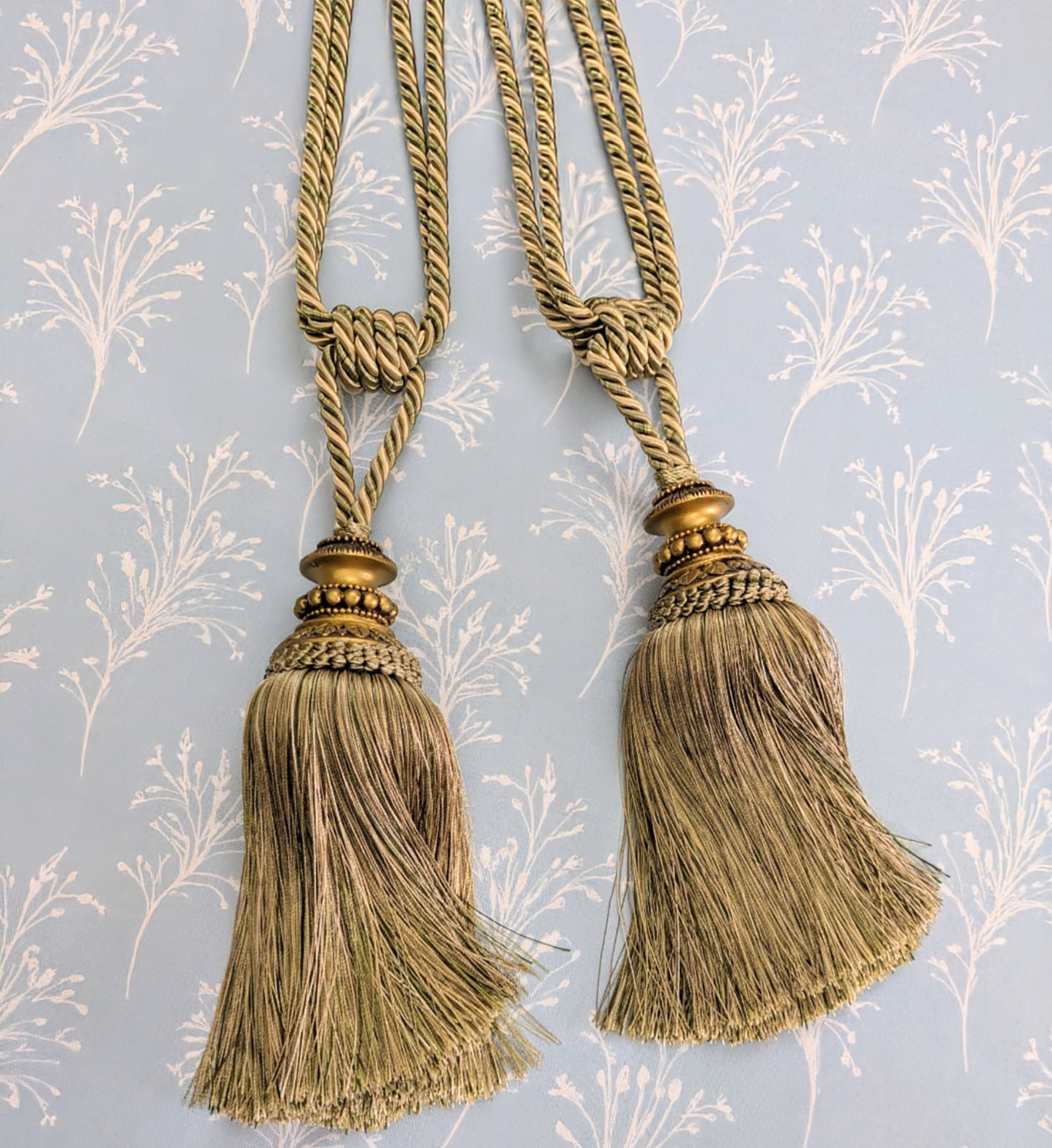 Green & Cream Tiebacks / Curtain Tiebacks / Tassel Tiebacks
