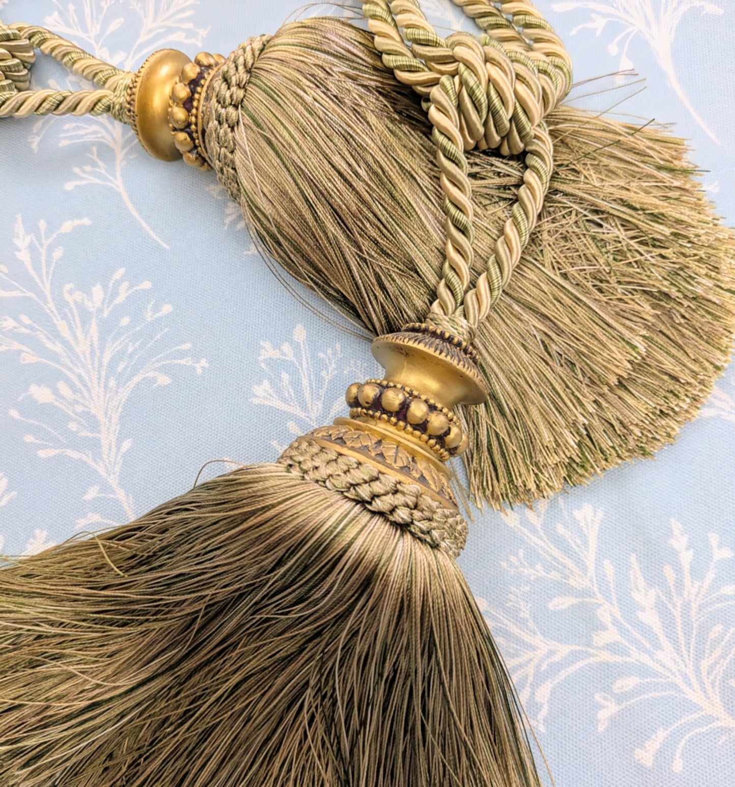 Green & Cream Tiebacks / Curtain Tiebacks / Tassel Tiebacks