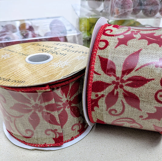 Red Holly & Mistletoe Wired Christmas Ribbon - 10m Roll