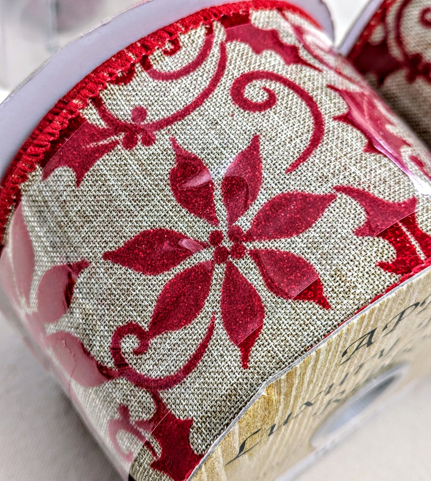 Red Holly & Mistletoe Wired Christmas Ribbon - 10m Roll