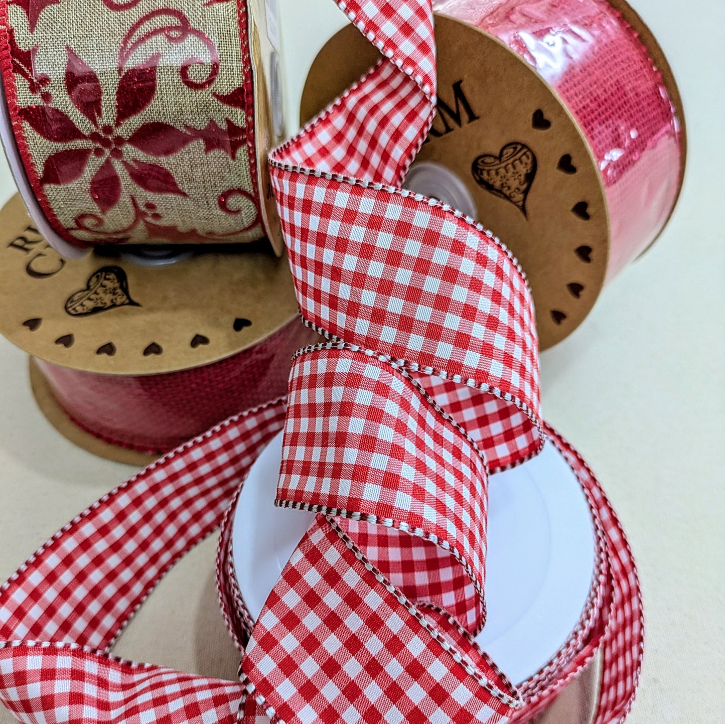 Red Gingham Wired Christmas Ribbon