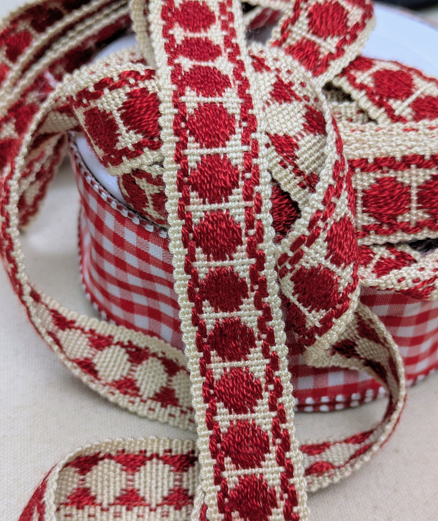 French Red Spotty Ribbon, Trimming for Soft Furnishings & Upholstery