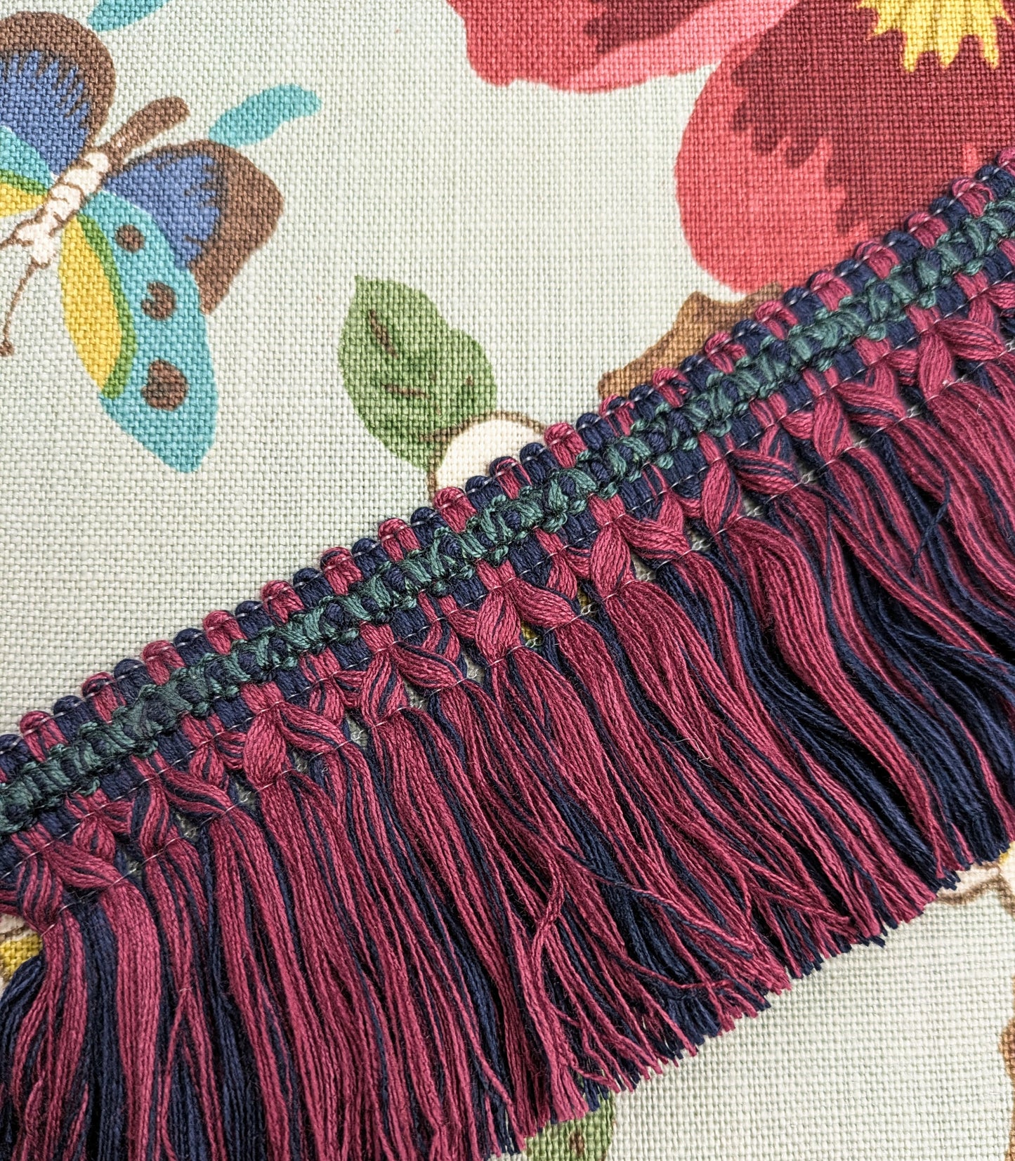 Aubergine & Navy colour fringe with ornate border for Cushions, Furnishings & Upholstery