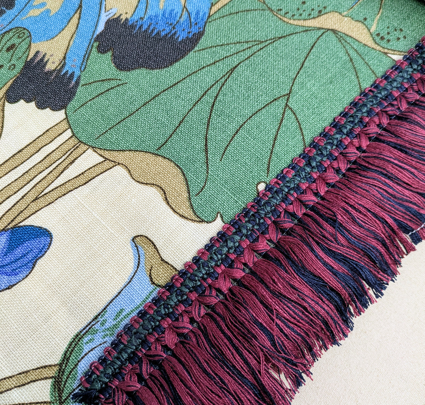 Aubergine & Navy colour fringe with ornate border for Cushions, Furnishings & Upholstery