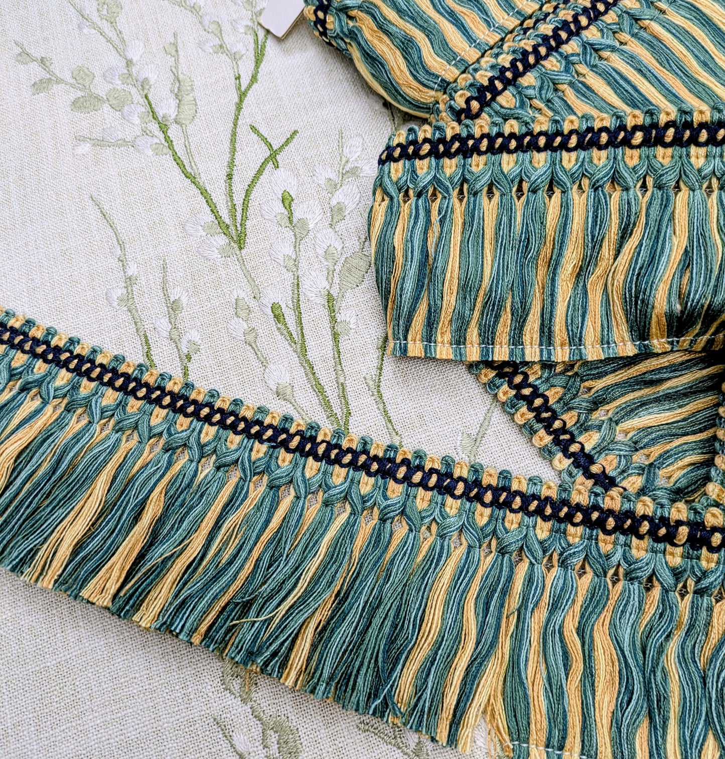 Green & Yellow / Gold colour fringe with ornate border for Cushions & Furnishings