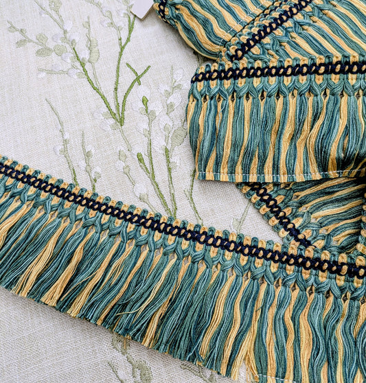 Green & Yellow / Gold colour fringe with ornate border for Cushions & Furnishings