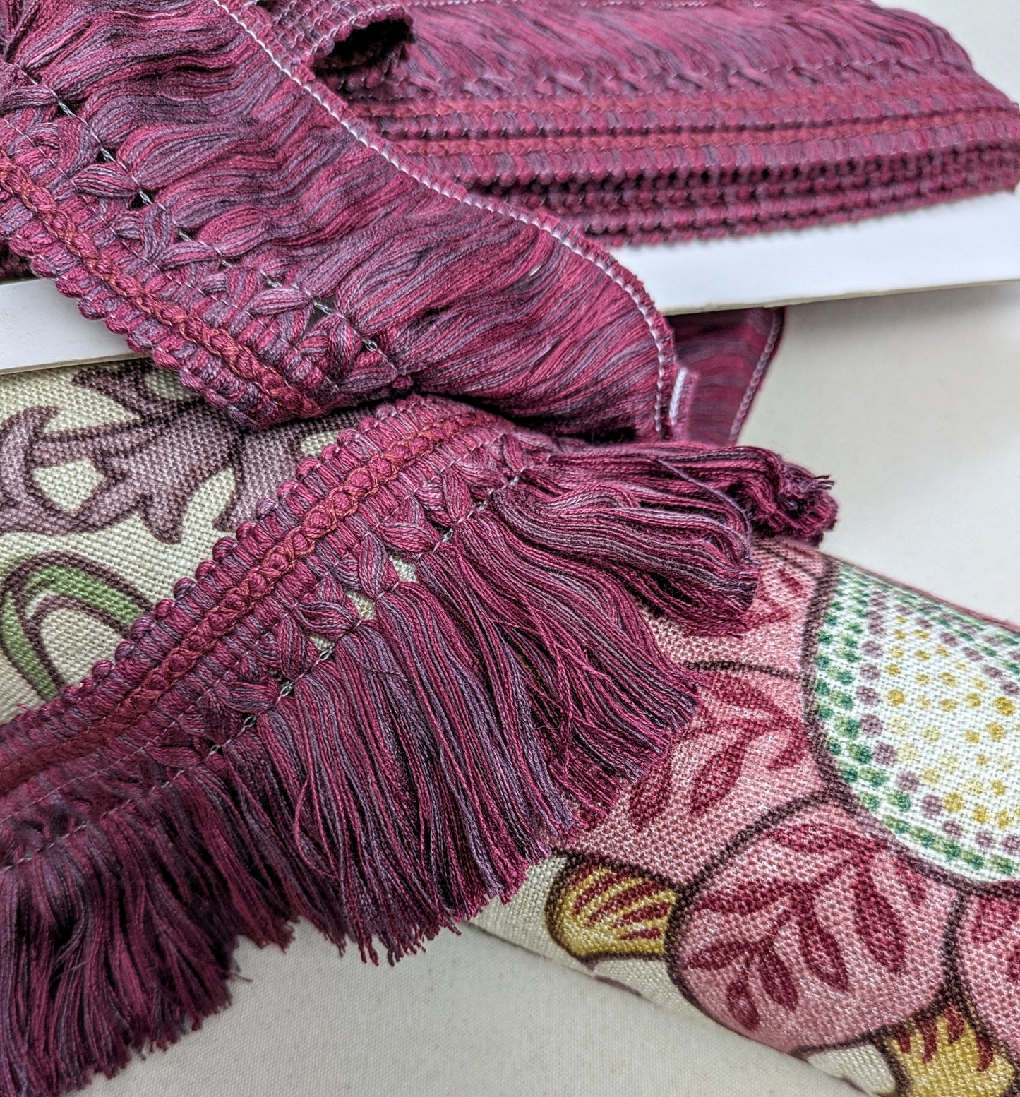 Aubergine & Plum colour fringe with ornate border for Cushions, Furnishings & Upholstery