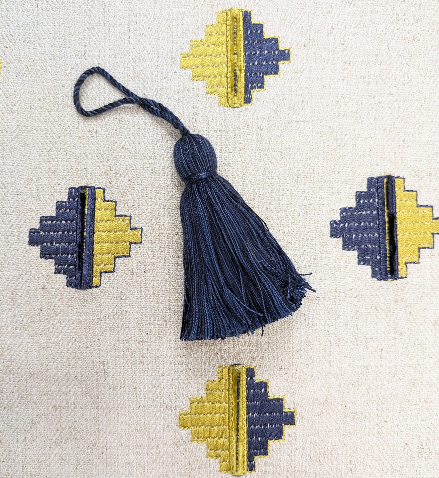 Embroidered Navy & Mustard Colour Fabric by Clarke & Clarke - Embroidered Fabric