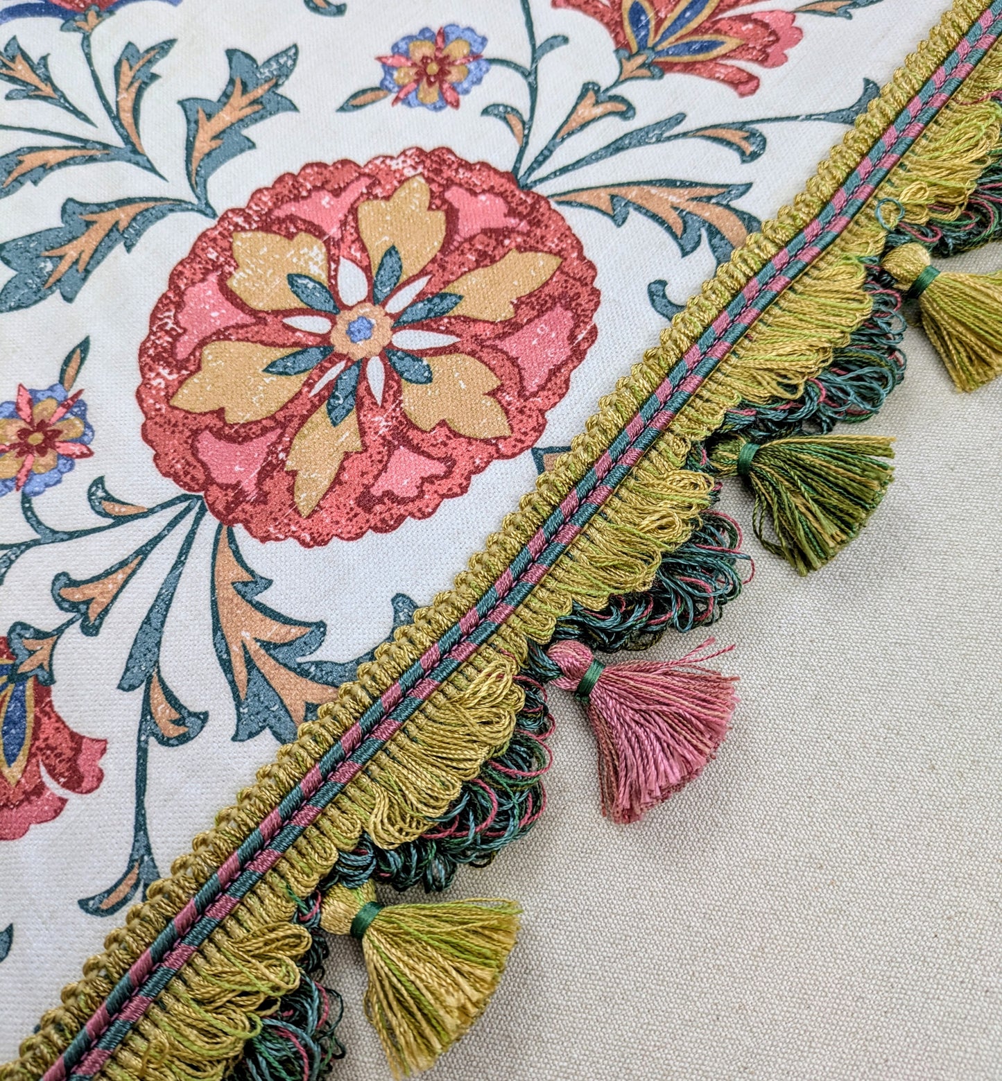 Pink, Green & Gold  Fan Edge, Tassel Trimming for Cushions & Furnishings