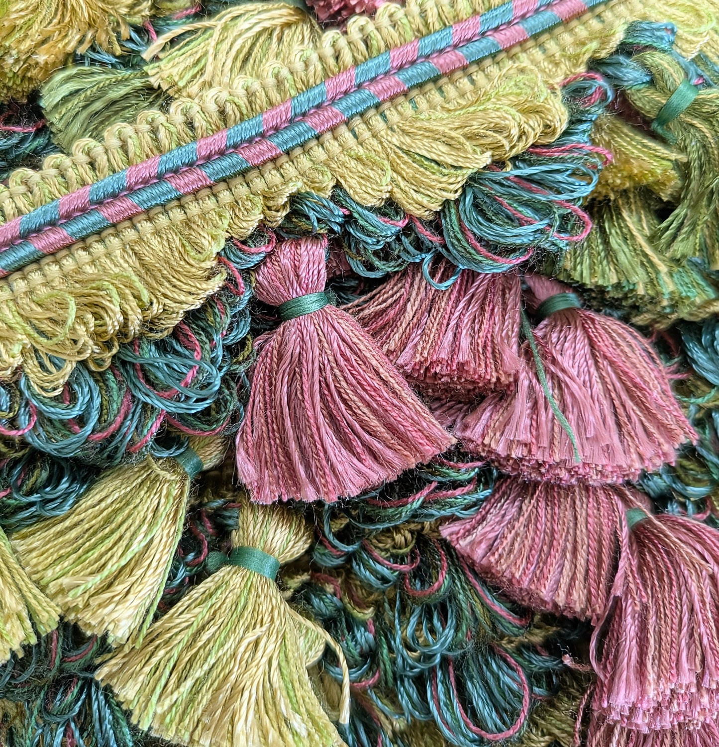 Pink, Green & Gold  Fan Edge, Tassel Trimming for Cushions & Furnishings