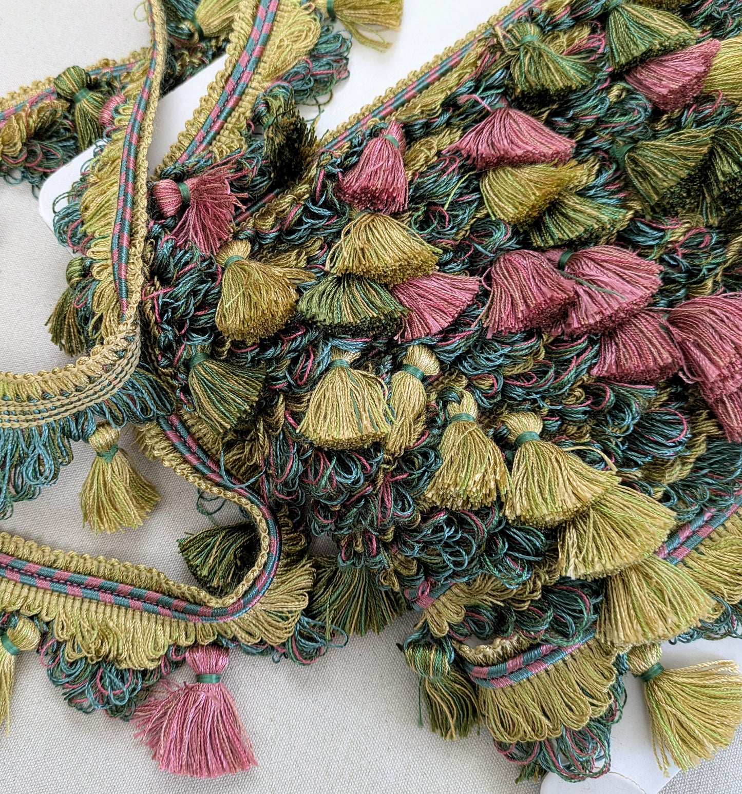 Pink, Green & Gold  Fan Edge, Tassel Trimming for Cushions & Furnishings