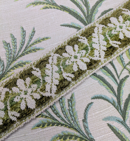 Chenille Green & Cream Floral Braid / Trimming for Soft Furnishings & Upholstery