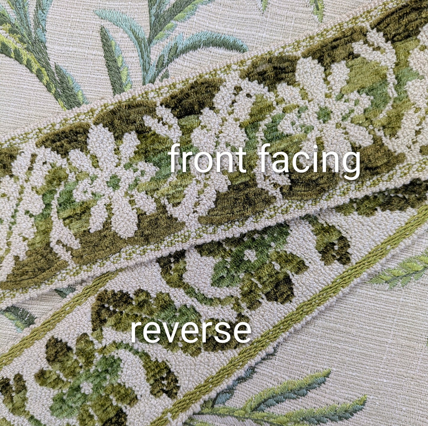 Chenille Green & Cream Floral Braid / Trimming for Soft Furnishings & Upholstery