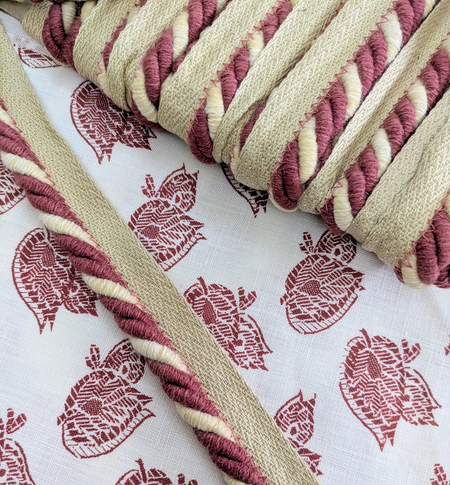 Mulberry & Cream, Flanged Cord Trim for Soft Furnishings & Upholstery