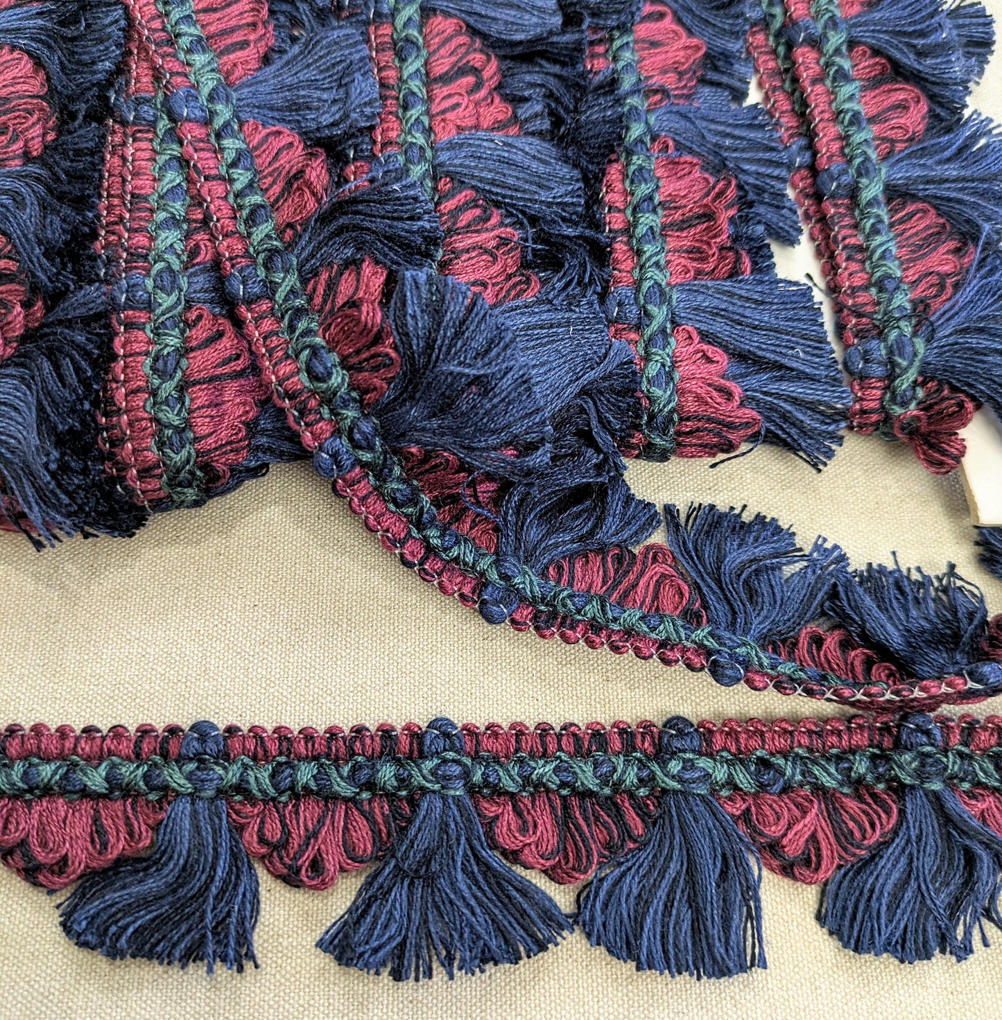 Navy & Aubergine, Fan Edge, Tassel Trimming for Cushions & Furnishings