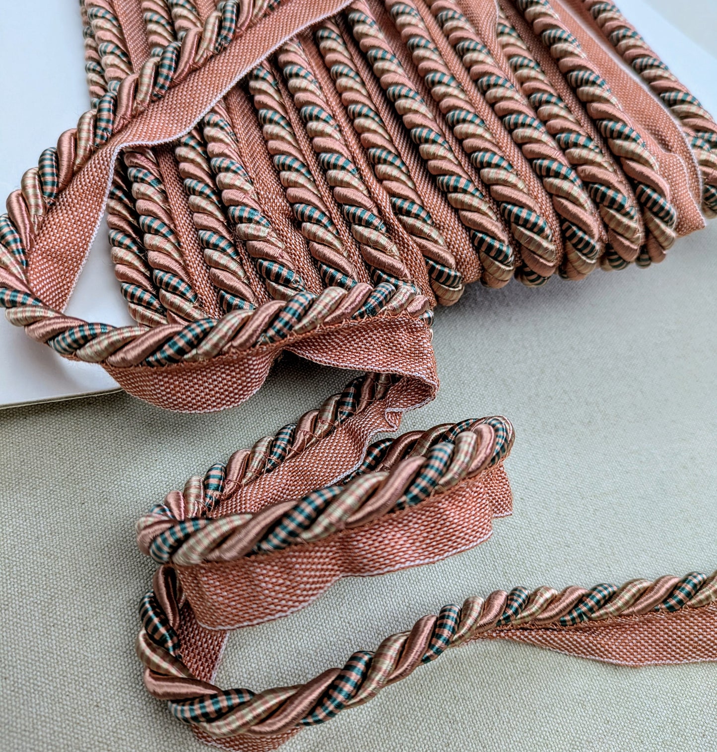 Salmon Pink & Green, Striped, Flanged Cord Trim for Soft Furnishings & Upholstery
