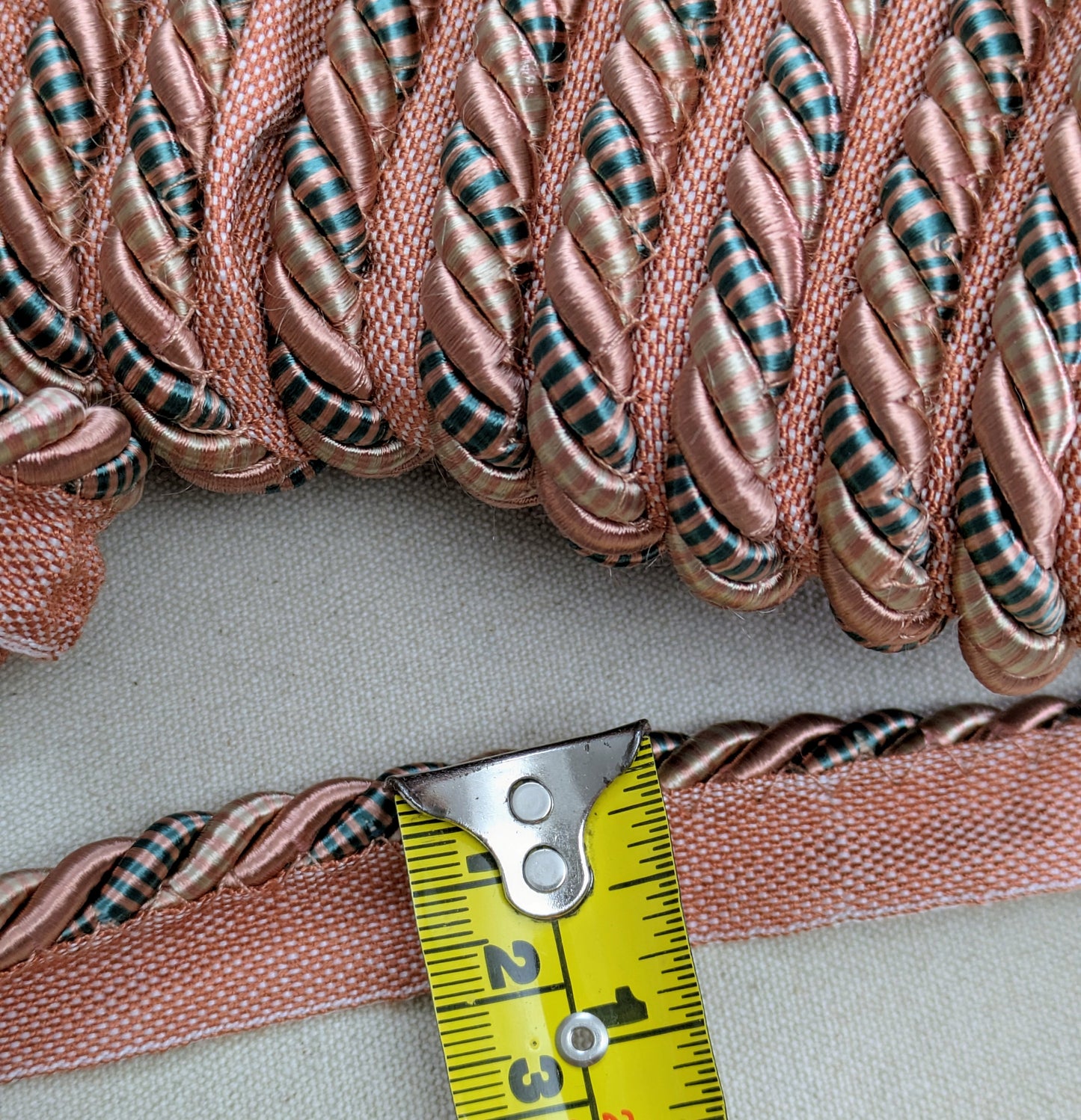 Salmon Pink & Green, Striped, Flanged Cord Trim for Soft Furnishings & Upholstery