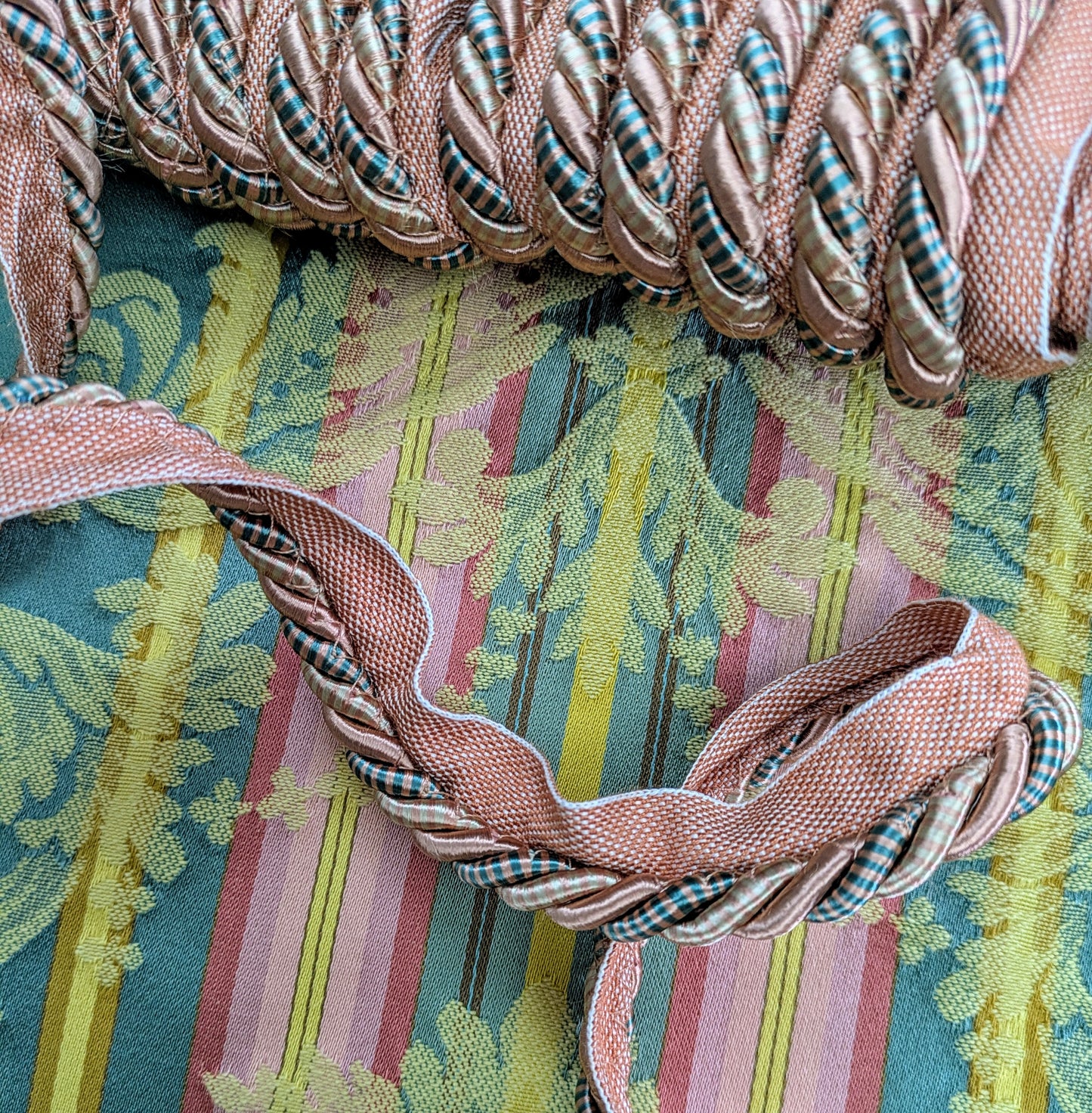 Salmon Pink & Green, Striped, Flanged Cord Trim for Soft Furnishings & Upholstery