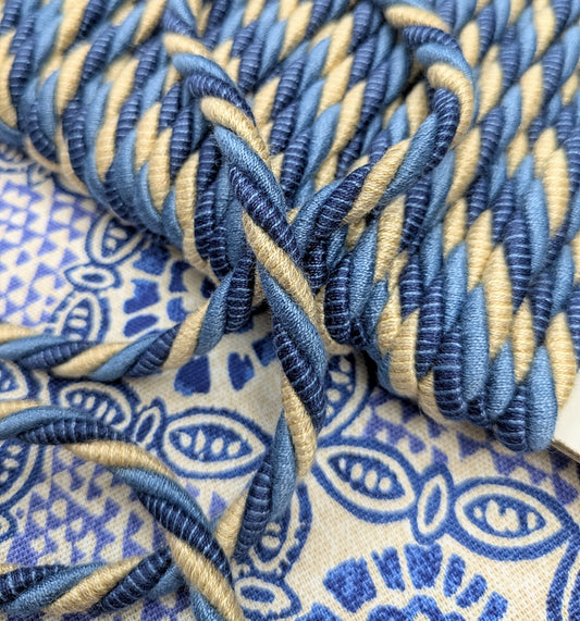 Two Tone Blue & Cream Twisted Rope Piping Cord for Soft furnishings & Upholstery